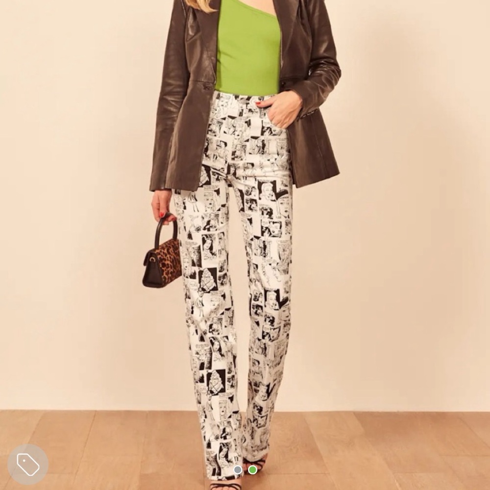 Reformation Black and White Newprint Denim Pants